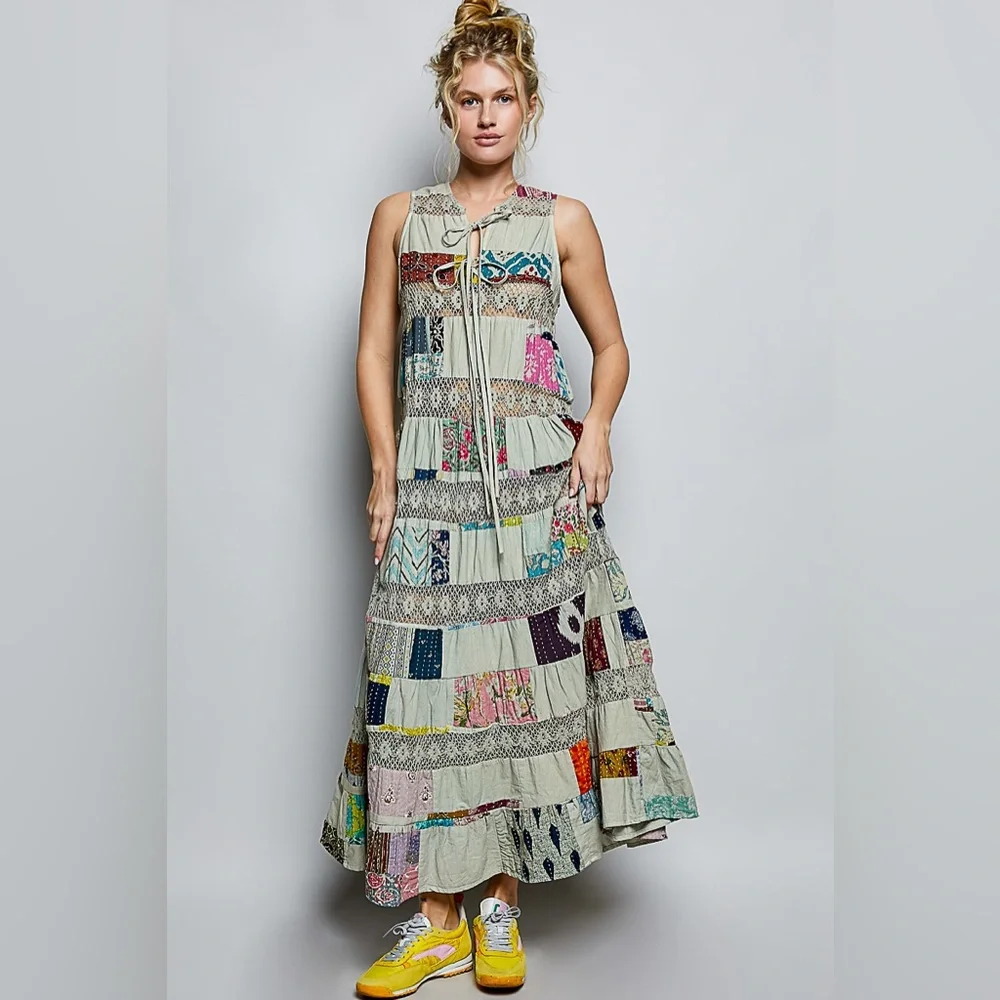 PT7 New! POL Bohemian Patchwork Maxi Dress in Sage Green - Picture 5 of 5